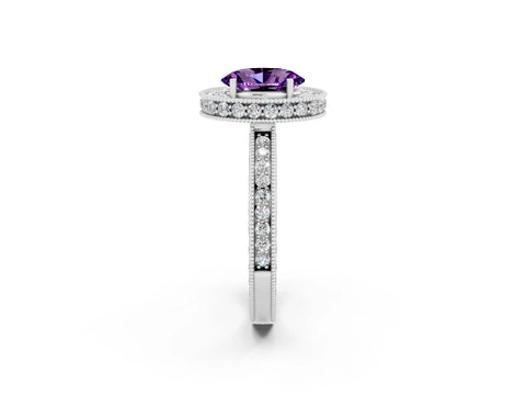 White gold Oval Cut Halo Diamond Engagement Ring with Milgrain Pave Band and Four-Prong Setting_2