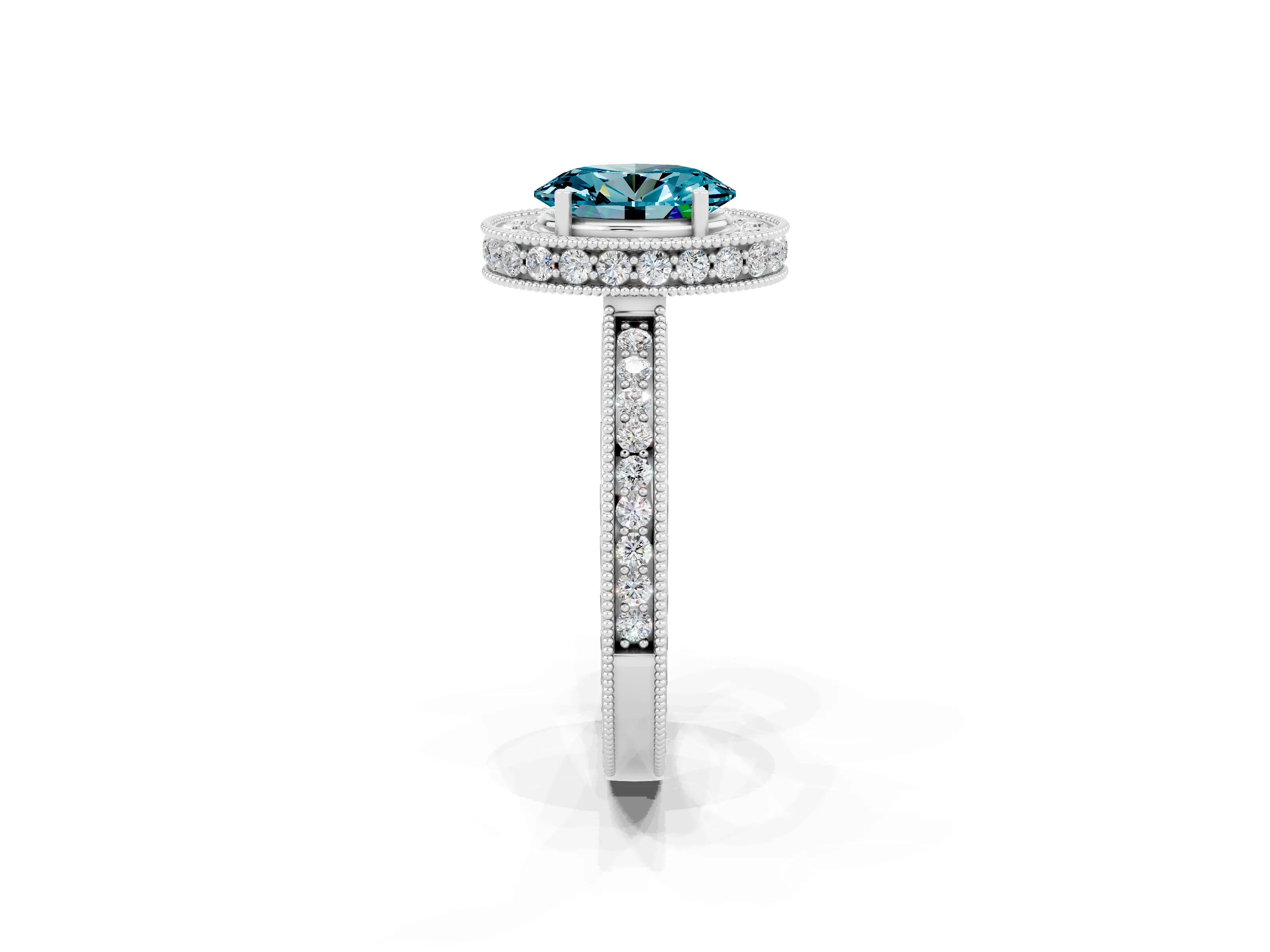 White gold Oval Cut Halo Diamond Engagement Ring with Milgrain Pave Band and Four-Prong Setting_2