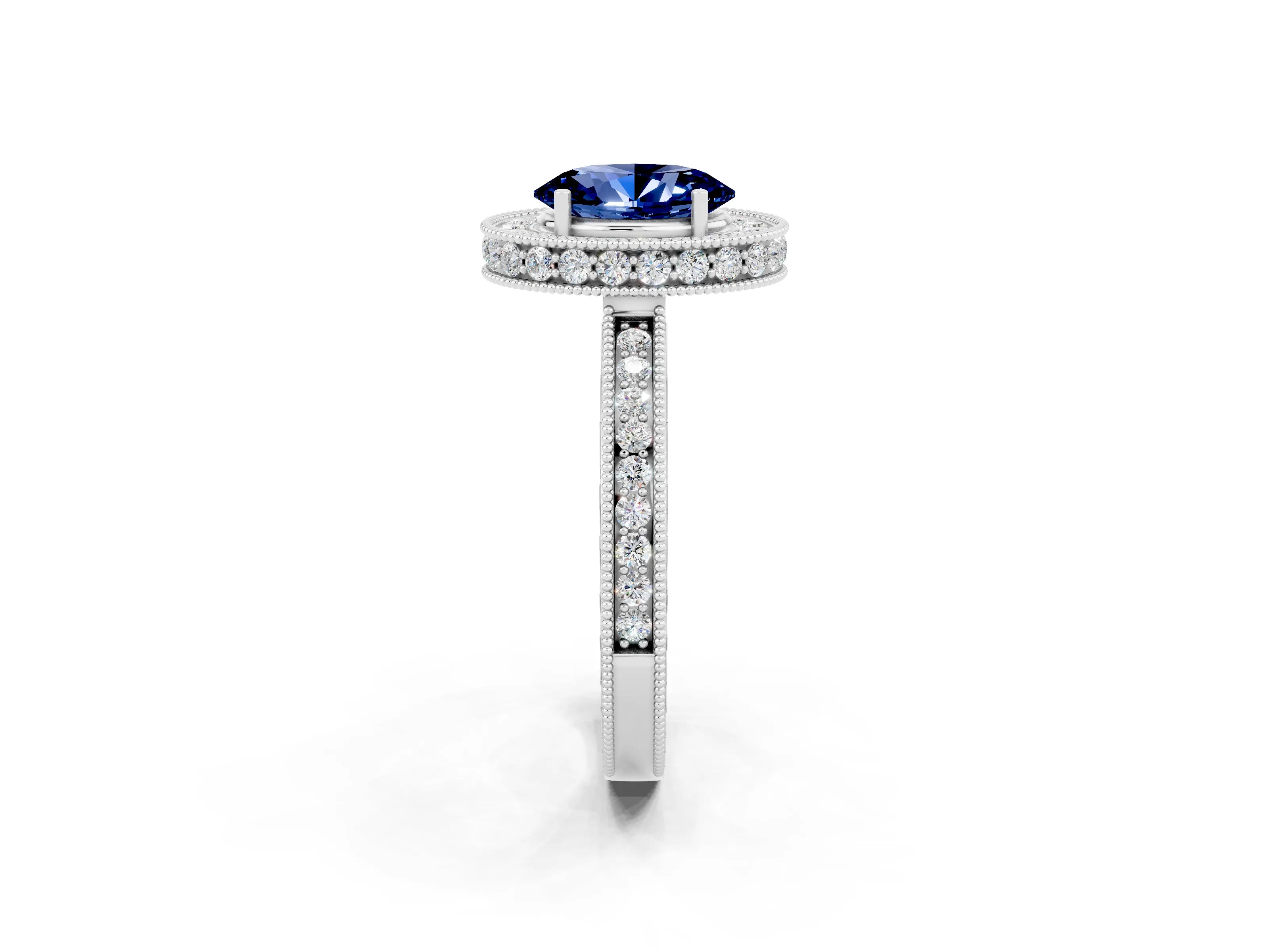 White gold Oval Cut Halo Diamond Engagement Ring with Milgrain Pave Band and Four-Prong Setting_2