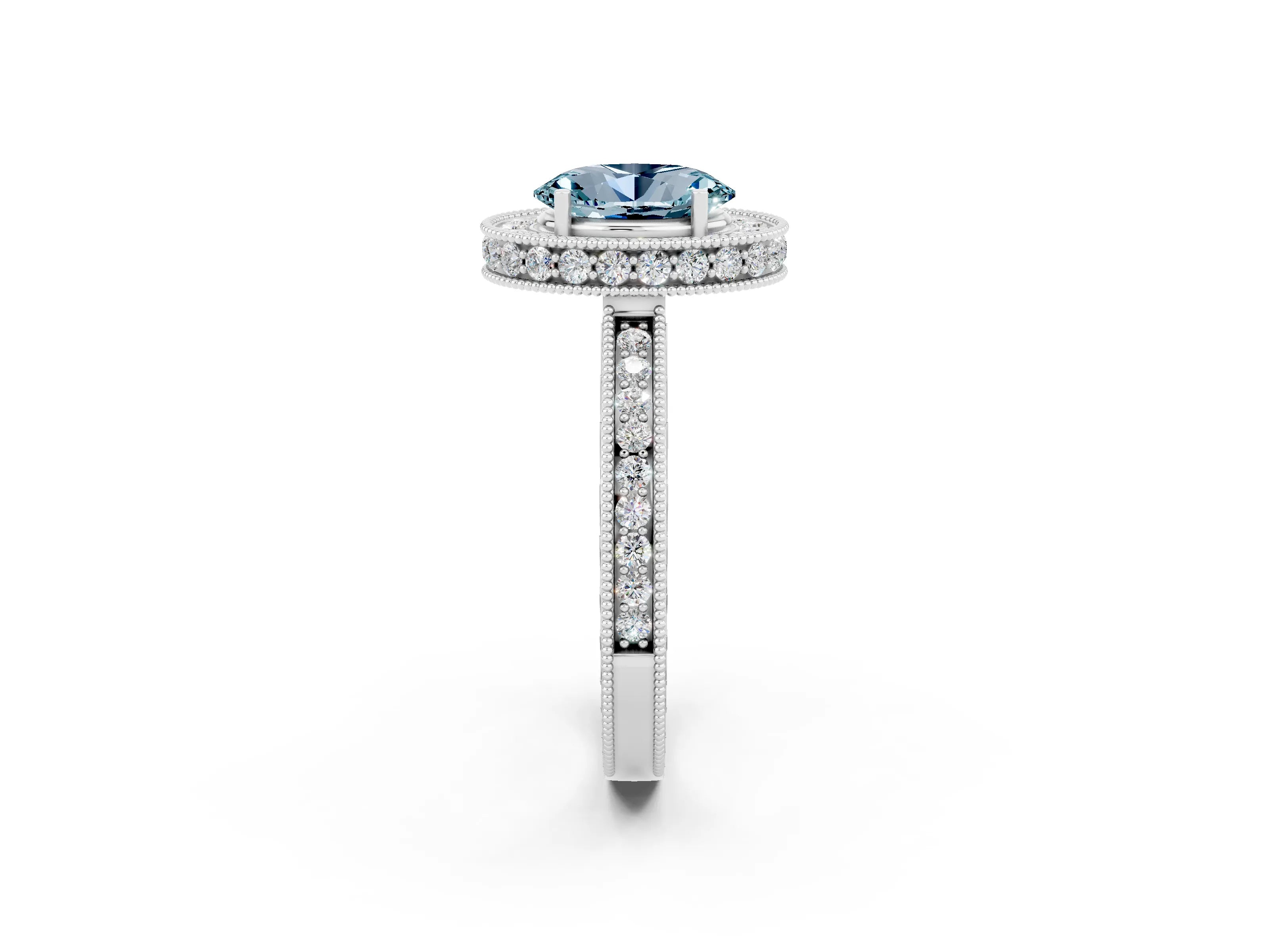 White gold Oval Cut Halo Diamond Engagement Ring with Milgrain Pave Band and Four-Prong Setting_2
