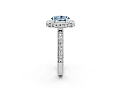 White gold Oval Cut Halo Diamond Engagement Ring with Milgrain Pave Band and Four-Prong Setting_2