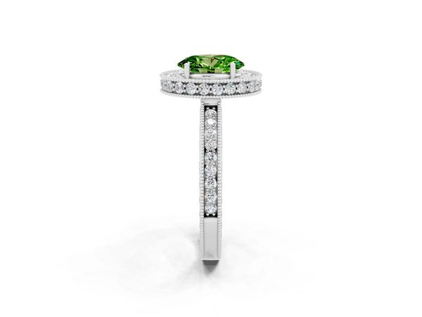 White gold Oval Cut Halo Diamond Engagement Ring with Milgrain Pave Band and Four-Prong Setting