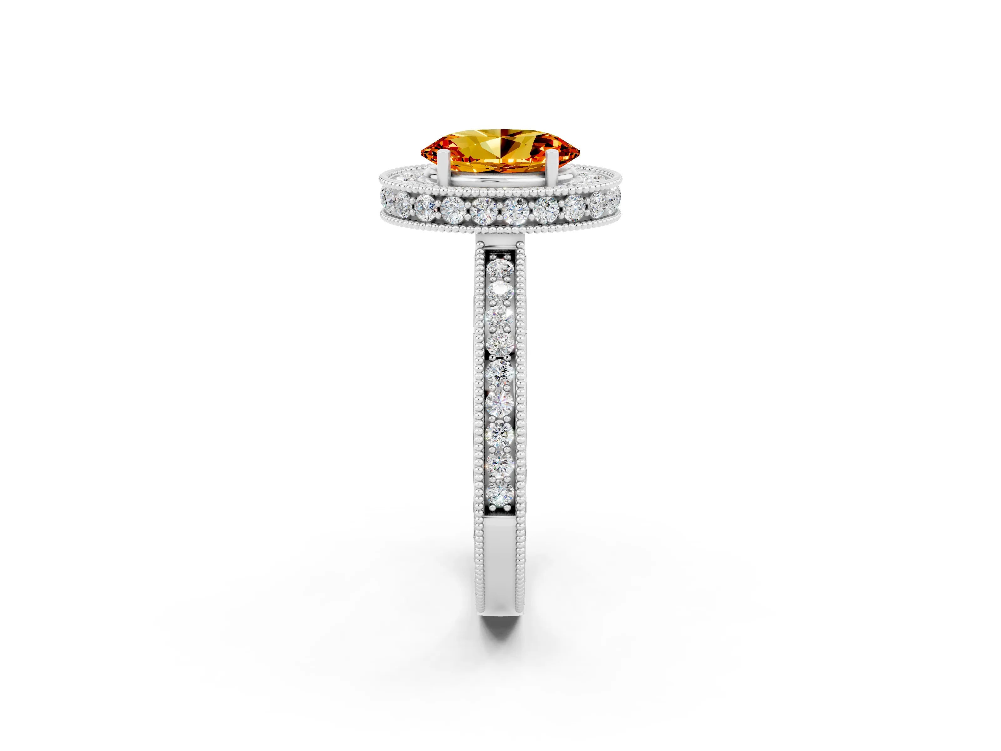 White gold Oval Cut Halo Diamond Engagement Ring with Milgrain Pave Band and Four-Prong Setting_2