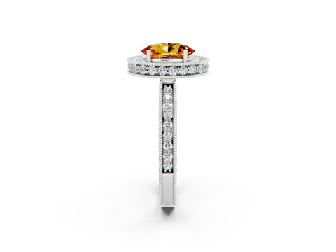 White gold Oval Cut Halo Diamond Engagement Ring with Milgrain Pave Band and Four-Prong Setting_2