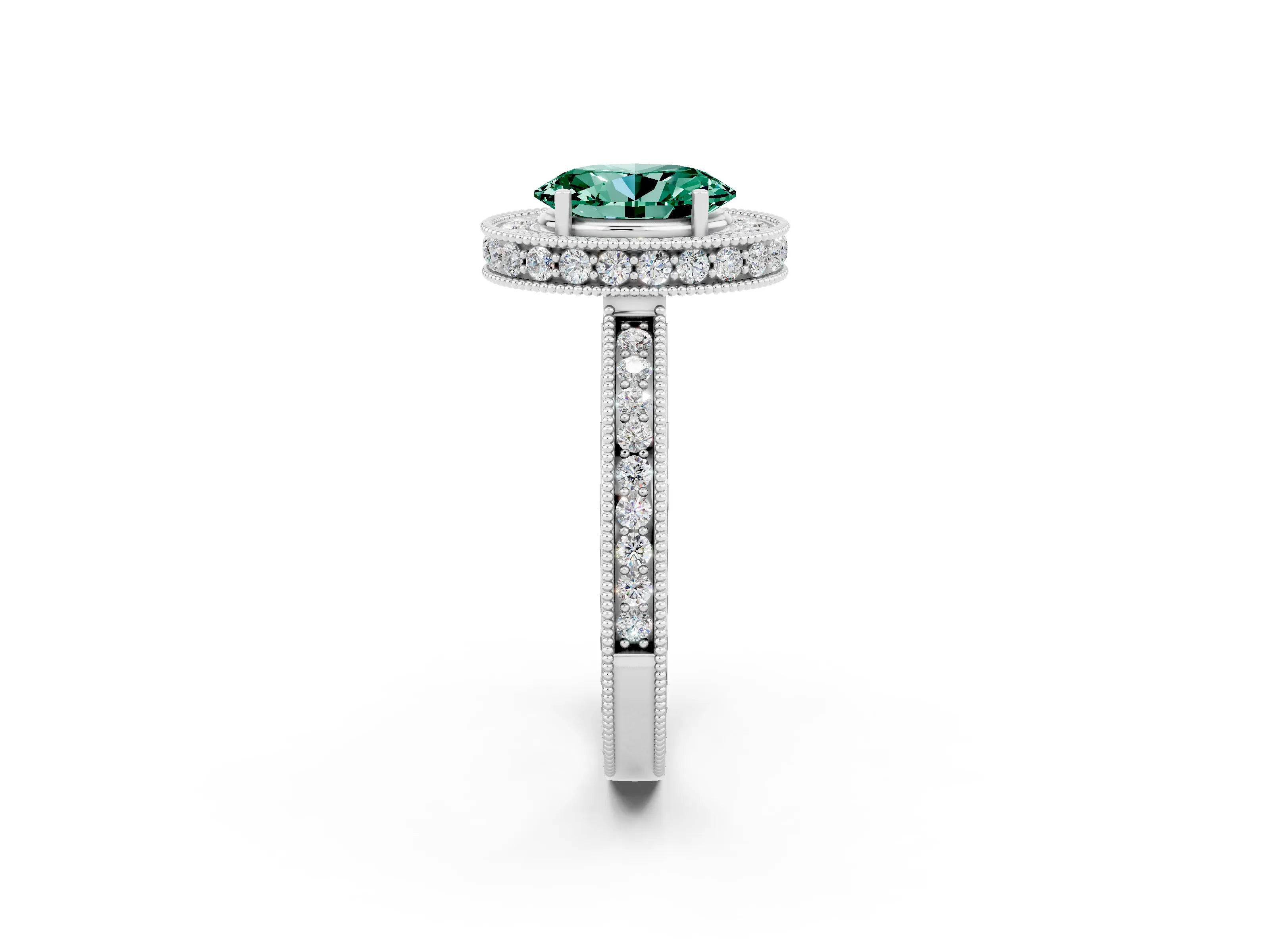 White gold Oval Cut Halo Diamond Engagement Ring with Milgrain Pave Band and Four-Prong Setting_2
