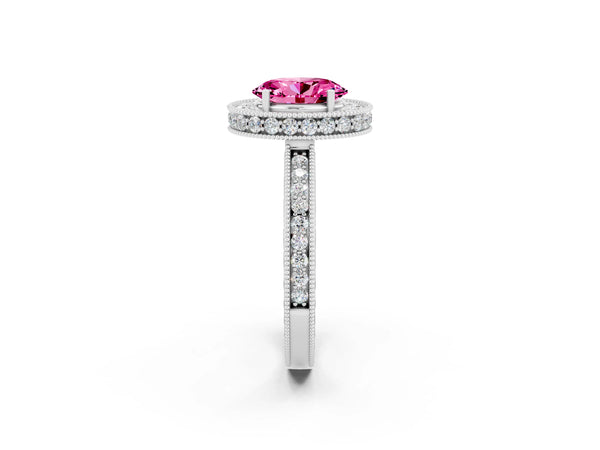 Platinum Oval Cut Halo Diamond Engagement Ring with Milgrain Pave Band and Four-Prong Setting