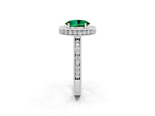 White gold Oval Cut Halo Diamond Engagement Ring with Milgrain Pave Band and Four-Prong Setting