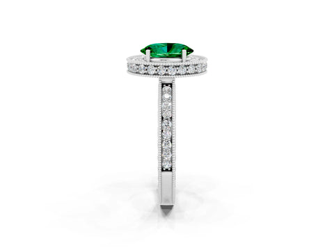 White gold Oval Cut Halo Diamond Engagement Ring with Milgrain Pave Band and Four-Prong Setting_2