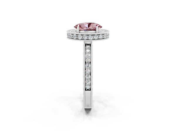 Platinum Oval Cut Halo Diamond Engagement Ring with Milgrain Pave Band and Four-Prong Setting