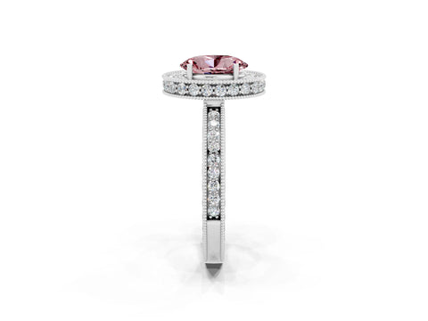 White gold Oval Cut Halo Diamond Engagement Ring with Milgrain Pave Band and Four-Prong Setting_2