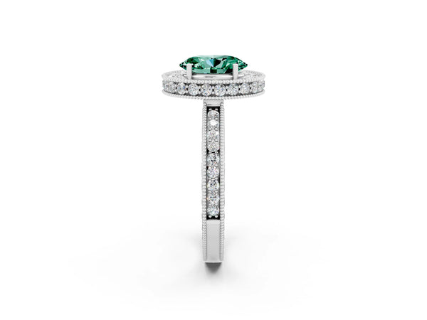 Platinum Oval Cut Halo Diamond Engagement Ring with Milgrain Pave Band and Four-Prong Setting