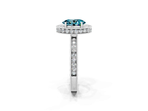 White gold Oval Cut Halo Diamond Engagement Ring with Milgrain Pave Band and Four-Prong Setting_2