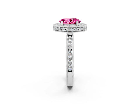 White gold Oval Cut Halo Diamond Engagement Ring with Milgrain Pave Band and Four-Prong Setting_2