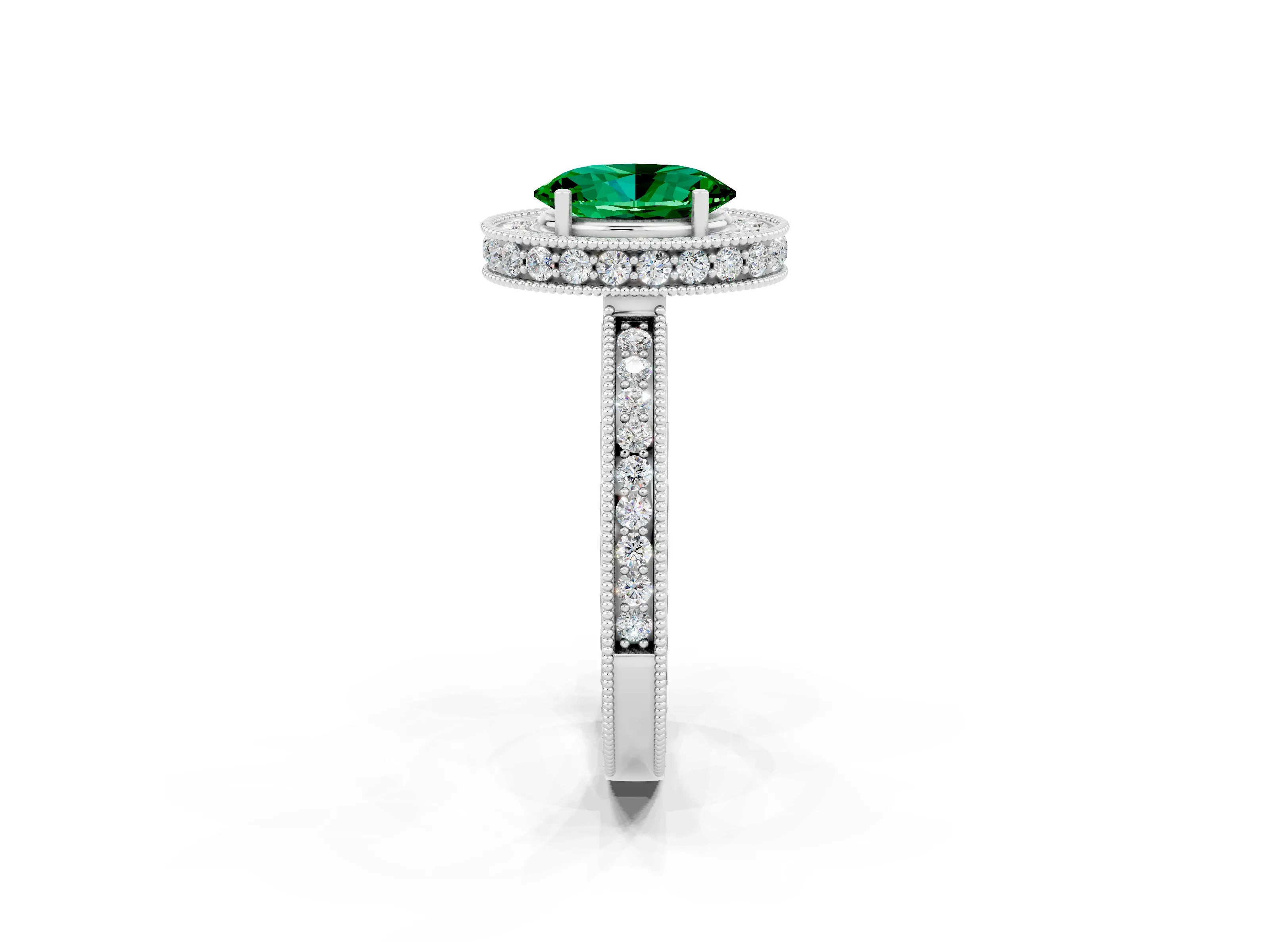 White gold Oval Cut Halo Diamond Engagement Ring with Milgrain Pave Band and Four-Prong Setting_2
