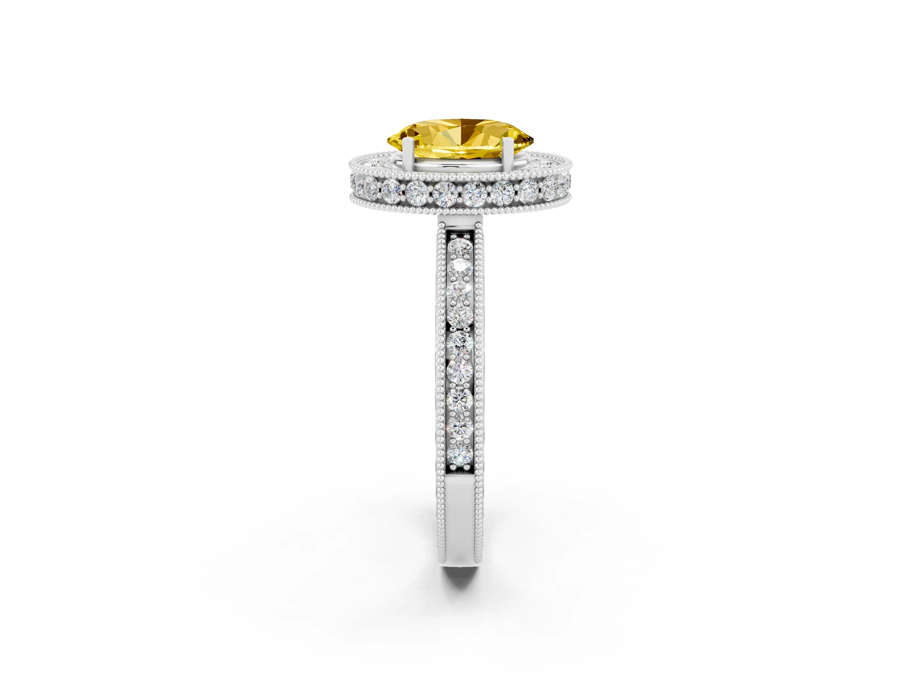 White gold Oval Cut Halo Diamond Engagement Ring with Milgrain Pave Band and Four-Prong Setting_2