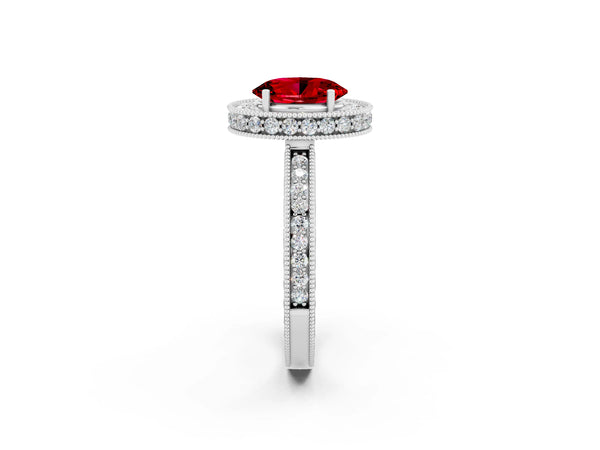 Silver Oval Cut Halo Diamond Engagement Ring with Milgrain Pave Band and Four-Prong Setting