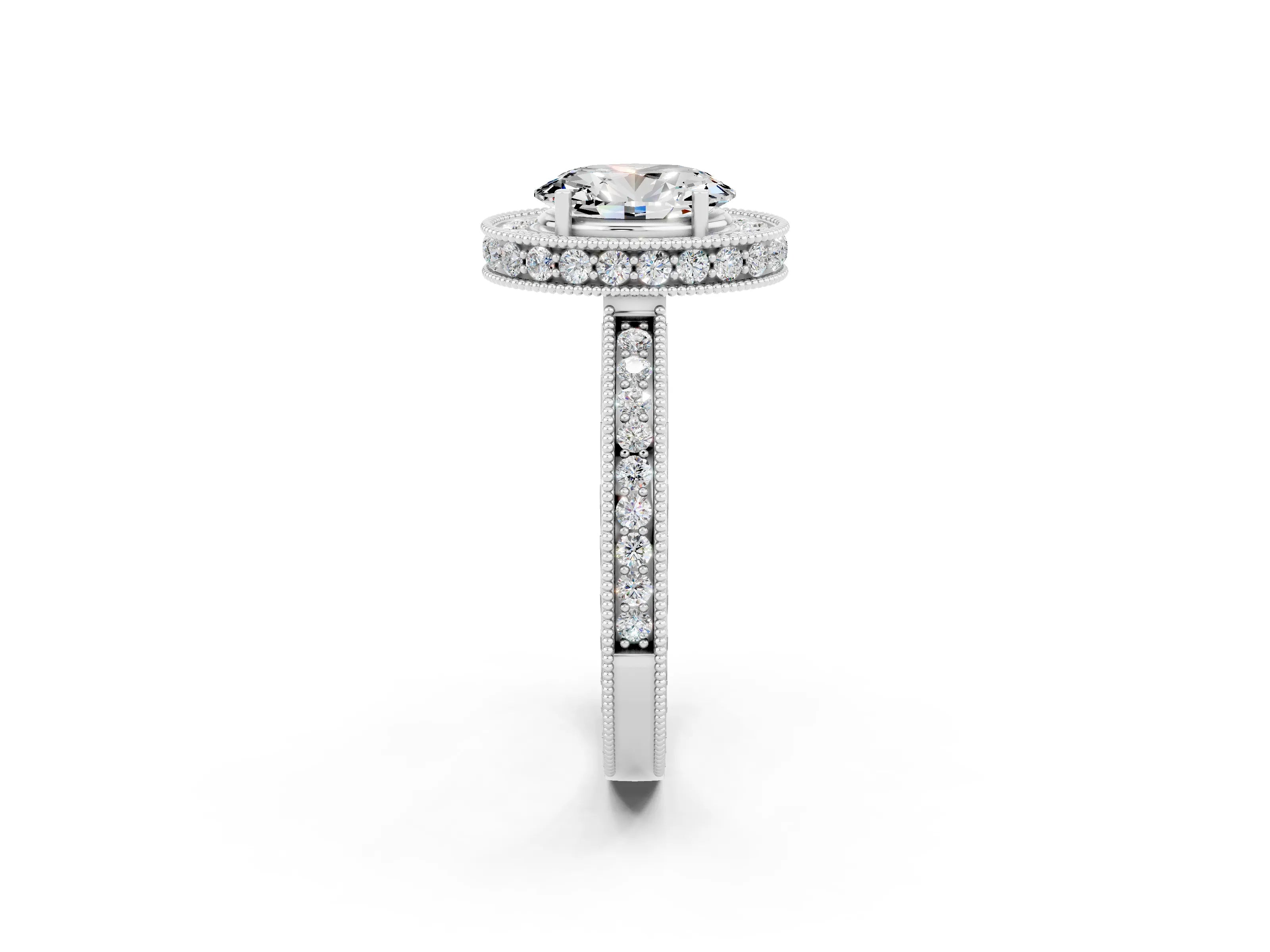 White gold Oval Cut Halo Diamond Engagement Ring with Milgrain Pave Band and Four-Prong Setting_2
