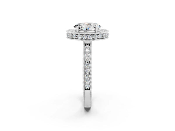 White gold Oval Cut Halo Diamond Engagement Ring with Milgrain Pave Band and Four-Prong Setting