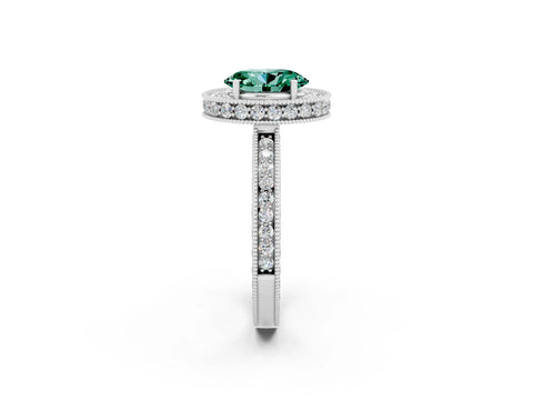 White gold Oval Cut Halo Diamond Engagement Ring with Milgrain Pave Band and Four-Prong Setting_2