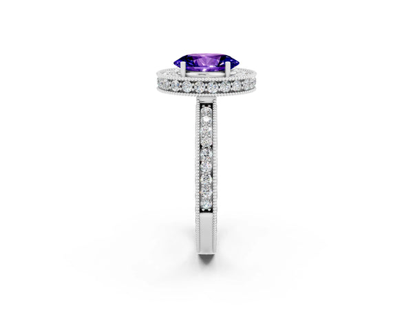 Silver Oval Cut Halo Diamond Engagement Ring with Milgrain Pave Band and Four-Prong Setting