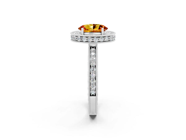 White gold Oval Cut Halo Diamond Engagement Ring with Milgrain Pave Band and Four-Prong Setting