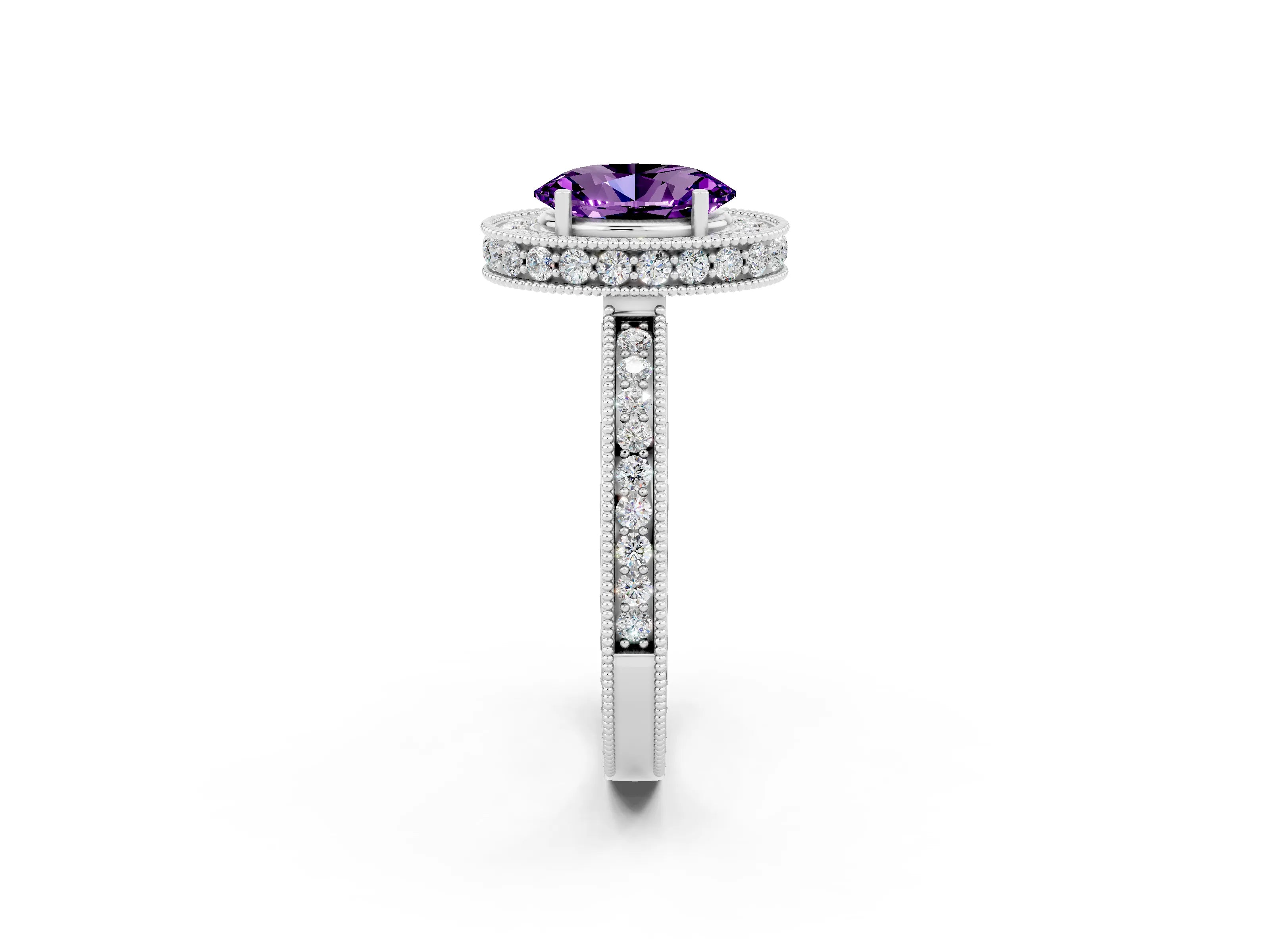 White gold Oval Cut Halo Diamond Engagement Ring with Milgrain Pave Band and Four-Prong Setting_2