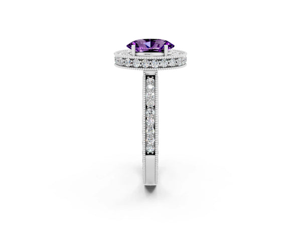 White gold Oval Cut Amethyst Milgrain Halo Engagement Ring with Round Pavé Band and Prong Setting
