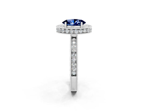White gold Oval Cut Halo Diamond Engagement Ring with Milgrain Pave Band and Four-Prong Setting_2