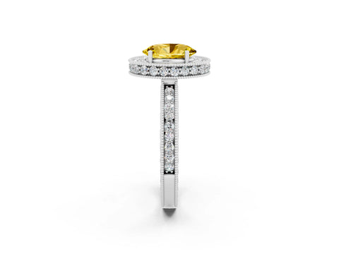 White gold Oval Cut Halo Diamond Engagement Ring with Milgrain Pave Band and Four-Prong Setting_2