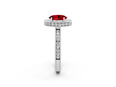 White gold Oval Cut Halo Diamond Engagement Ring with Milgrain Pave Band and Four-Prong Setting_2