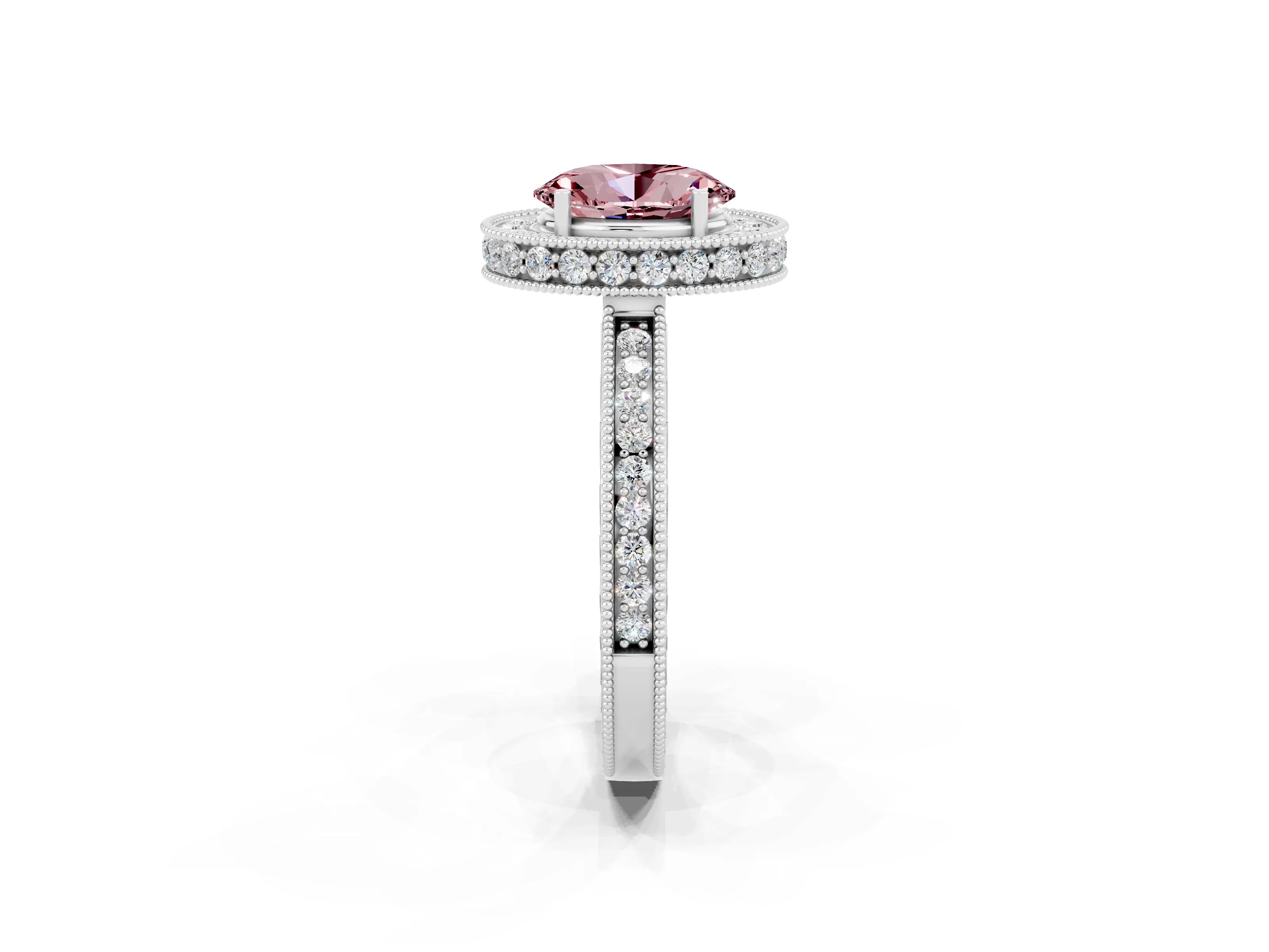 White gold Oval Cut Halo Diamond Engagement Ring with Milgrain Pave Band and Four-Prong Setting_2