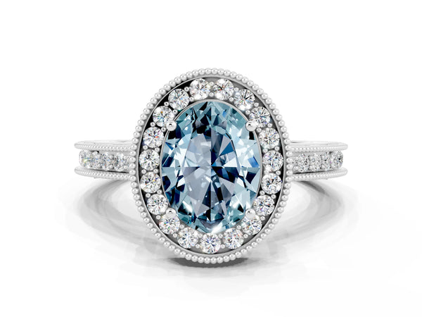 White gold Oval Cut Halo Diamond Engagement Ring with Milgrain Pave Band and Four-Prong Setting