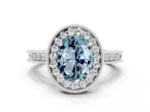 White gold Oval Cut Halo Diamond Engagement Ring with Milgrain Pave Band and Four-Prong Setting