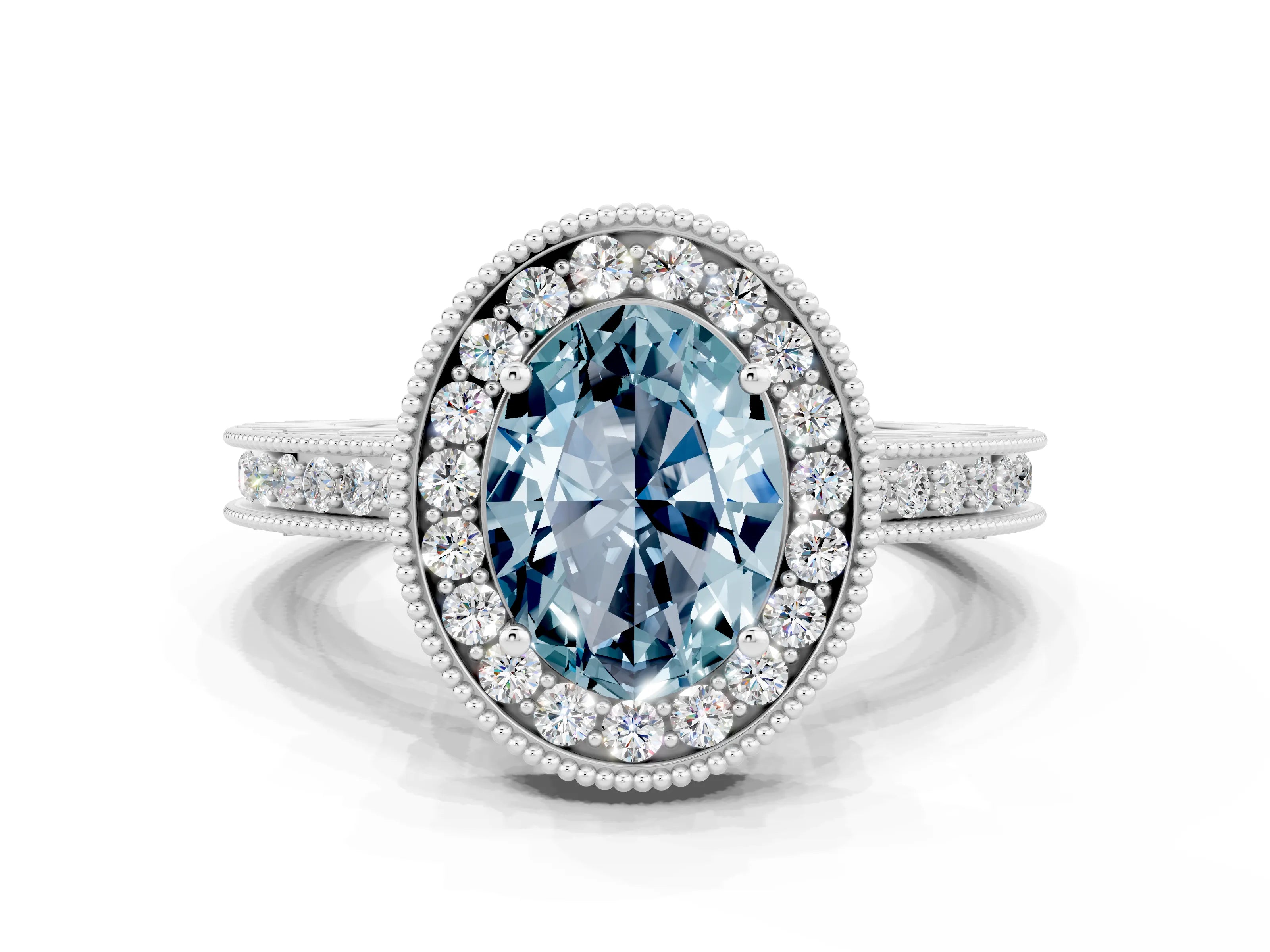 White gold Oval Cut Halo Diamond Engagement Ring with Milgrain Pave Band and Four-Prong Setting