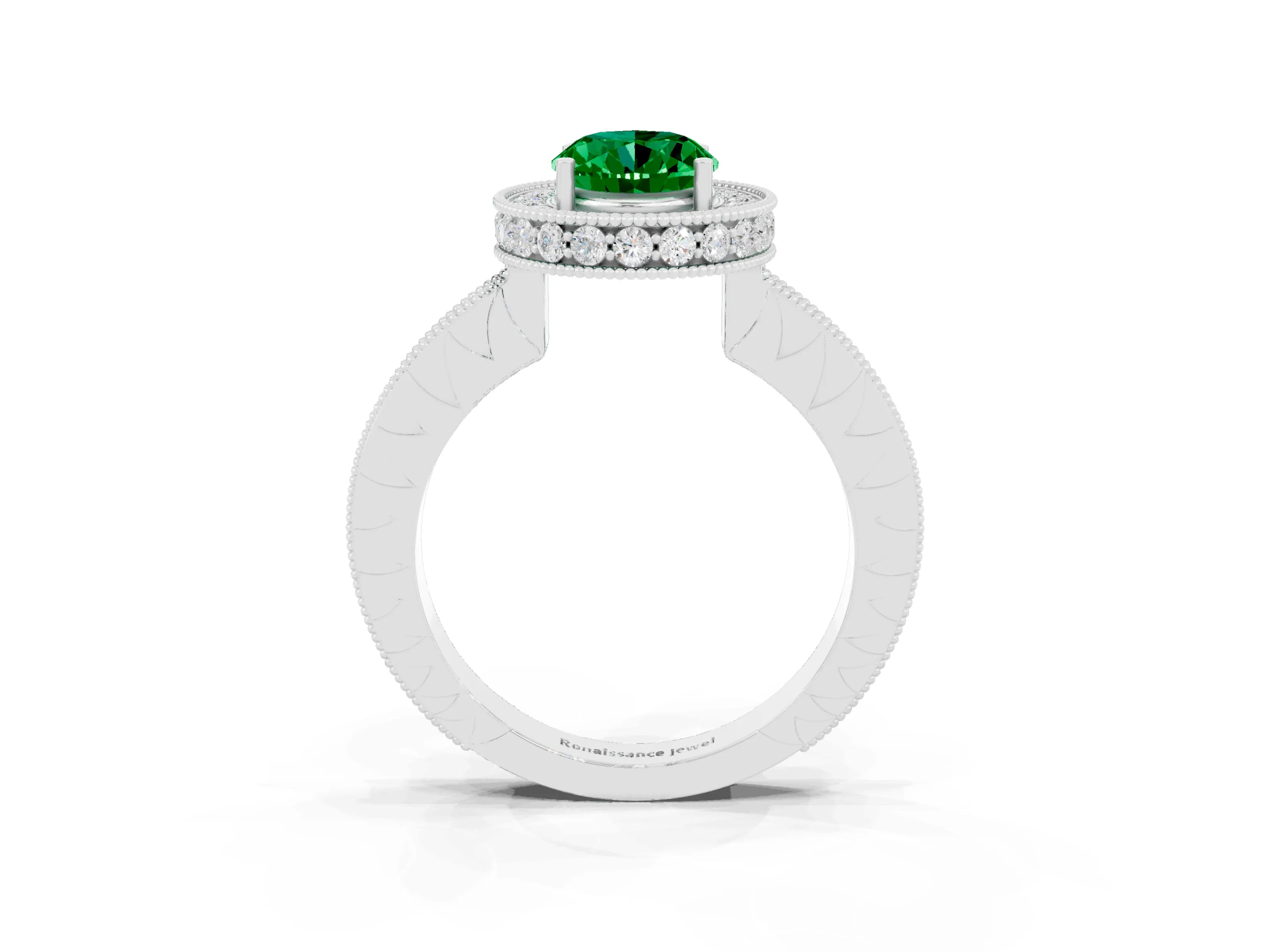 White gold Oval Cut Halo Diamond Engagement Ring with Milgrain Pave Band and Four-Prong Setting_3