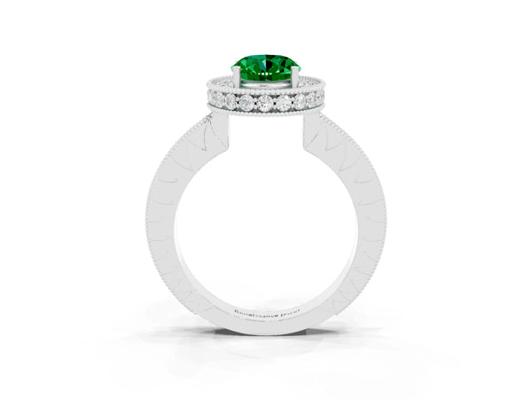 Silver Oval Cut Halo Diamond Engagement Ring with Milgrain Pave Band and Four-Prong Setting