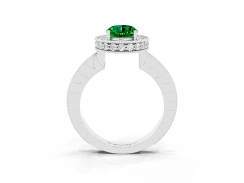 White gold Oval Cut Halo Diamond Engagement Ring with Milgrain Pave Band and Four-Prong Setting_3