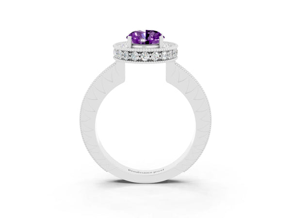White gold Oval Cut Amethyst Milgrain Halo Engagement Ring with Round Pavé Band and Prong Setting