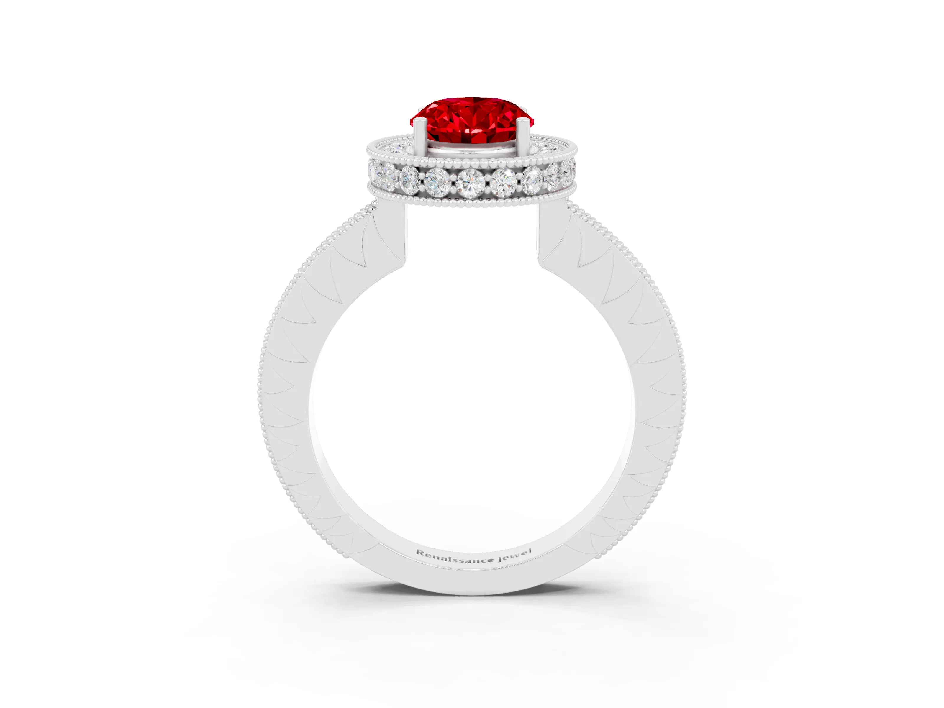 White gold Oval Cut Halo Diamond Engagement Ring with Milgrain Pave Band and Four-Prong Setting_3