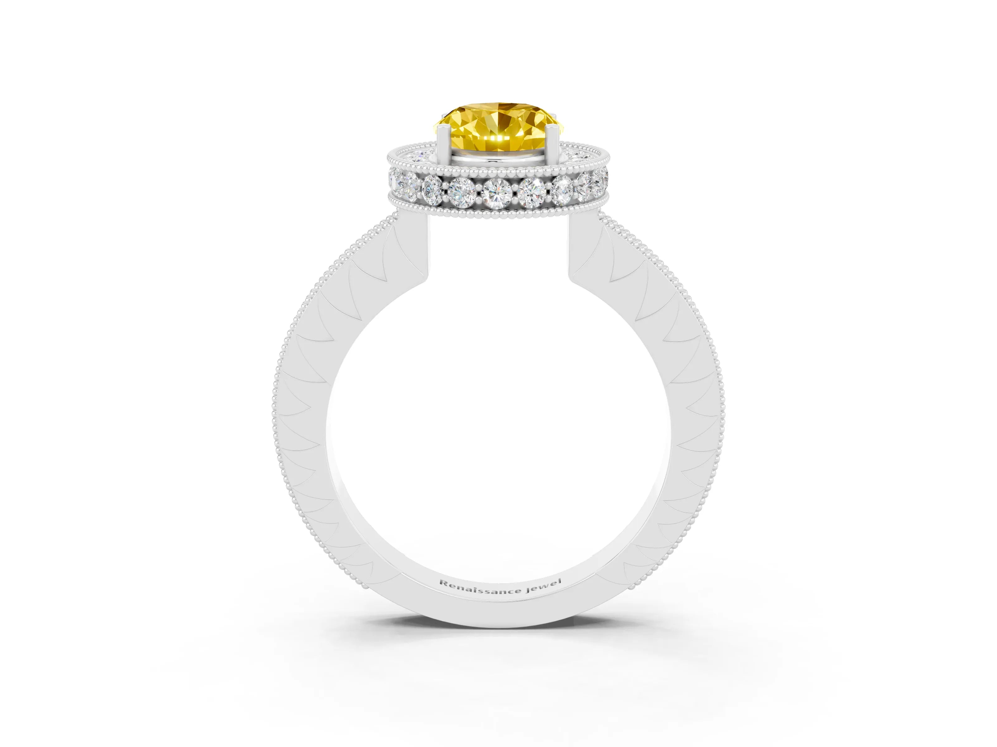 White gold Oval Cut Halo Diamond Engagement Ring with Milgrain Pave Band and Four-Prong Setting_3