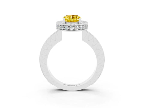 White gold Oval Cut Halo Diamond Engagement Ring with Milgrain Pave Band and Four-Prong Setting_3