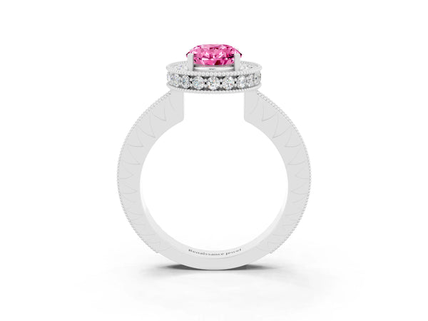 Platinum Oval Cut Halo Diamond Engagement Ring with Milgrain Pave Band and Four-Prong Setting
