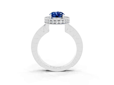 White gold Oval Cut Halo Diamond Engagement Ring with Milgrain Pave Band and Four-Prong Setting_3
