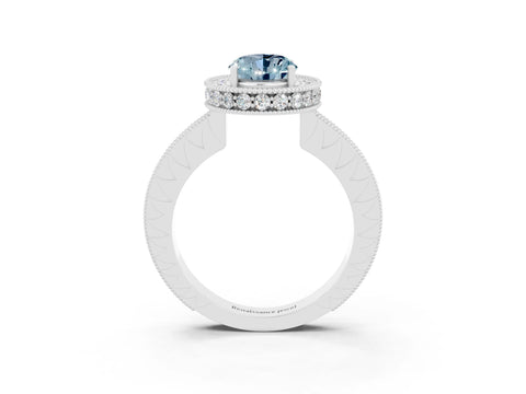 White gold Oval Cut Halo Diamond Engagement Ring with Milgrain Pave Band and Four-Prong Setting_3