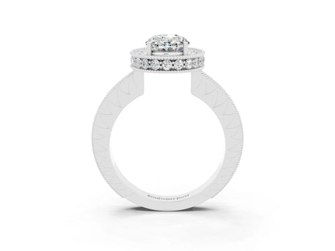 White gold Oval Cut Halo Diamond Engagement Ring with Milgrain Pave Band and Four-Prong Setting_3