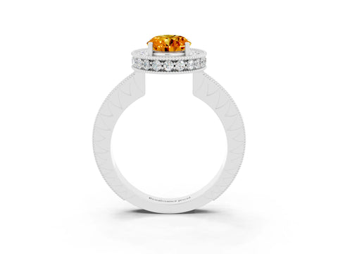 White gold Oval Cut Halo Diamond Engagement Ring with Milgrain Pave Band and Four-Prong Setting_3