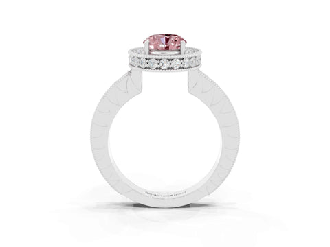 White gold Oval Cut Halo Diamond Engagement Ring with Milgrain Pave Band and Four-Prong Setting_3