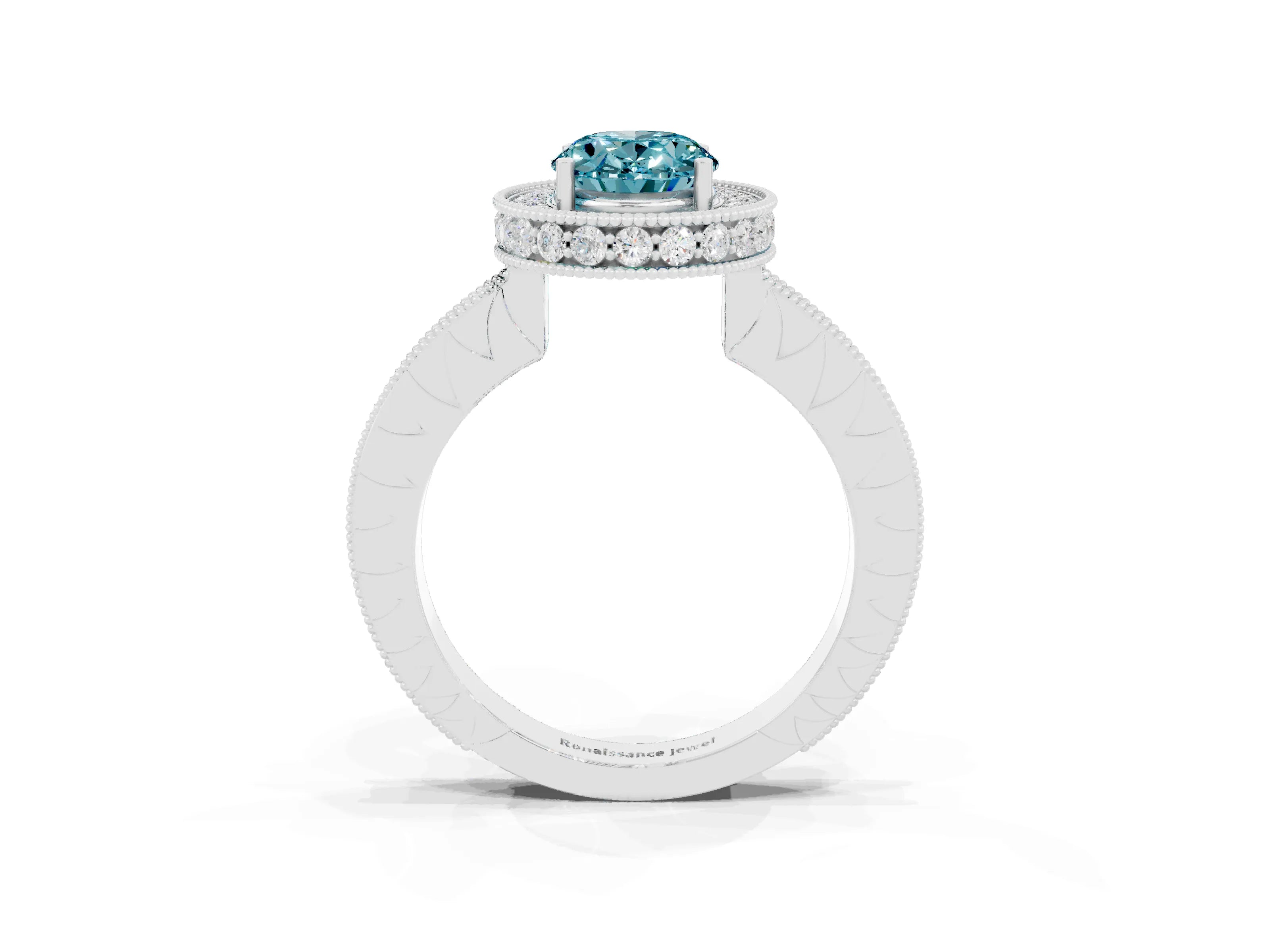 White gold Oval Cut Halo Diamond Engagement Ring with Milgrain Pave Band and Four-Prong Setting_3