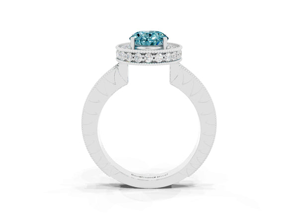 Silver Oval Cut Halo Diamond Engagement Ring with Milgrain Pave Band and Four-Prong Setting