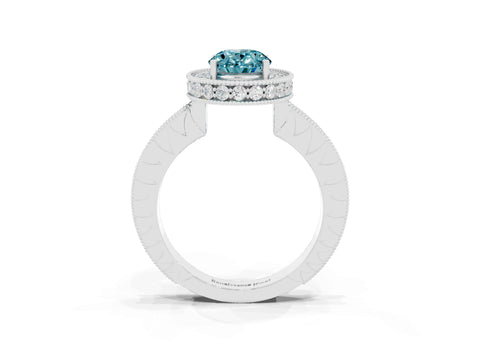 White gold Oval Cut Halo Diamond Engagement Ring with Milgrain Pave Band and Four-Prong Setting_3